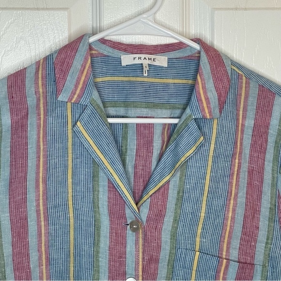 Frame Stripe High/Low Linen Shirt In Purple Multi S - Picture 5 of 16